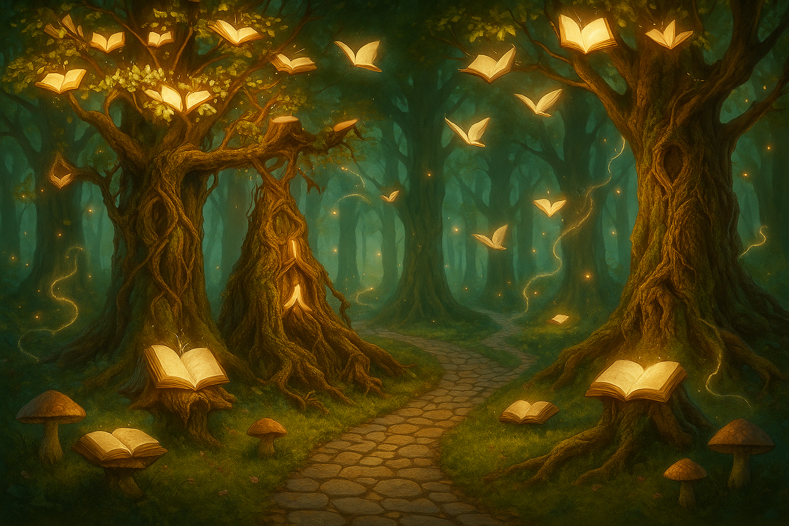 a fantasy forest with books 